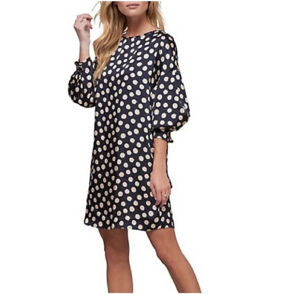 ABS Dotted Dress, Boatneck, Mini, Navy/Tan, Elastic Cuffs, Women's (US S) - Picture 1 of 7